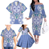 Hawaii Violet Palaka Family Matching Off The Shoulder Long Sleeve Dress and Hawaiian Shirt With Tapa Pattern Tropical Flowers LT05 - Polynesian Pride