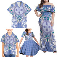 Hawaii Violet Palaka Family Matching Off Shoulder Maxi Dress and Hawaiian Shirt With Tapa Pattern Tropical Flowers LT05 - Polynesian Pride