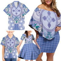 Hawaii Violet Palaka Family Matching Off Shoulder Short Dress and Hawaiian Shirt With Tapa Pattern Tropical Flowers LT05 - Polynesian Pride
