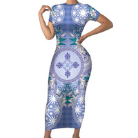 Hawaii Violet Palaka Family Matching Short Sleeve Bodycon Dress and Hawaiian Shirt With Tapa Pattern Tropical Flowers LT05 Mom's Dress Violet - Polynesian Pride