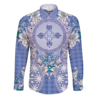 Hawaii Violet Palaka Family Matching Summer Maxi Dress and Hawaiian Shirt With Tapa Pattern Tropical Flowers LT05 Dad's Shirt - Long Sleeve Violet - Polynesian Pride