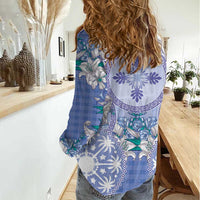 Hawaii Violet Palaka Women Casual Shirt With Tapa Pattern Tropical Flowers - Polynesian Pride
