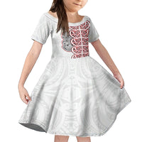 Aotearoa New Zealand Family Matching Off Shoulder Maxi Dress and Hawaiian Shirt Maori Marae Pattern Tiki LT05 Daughter's Dress White - Polynesian Pride
