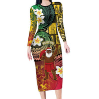 Vanuatu Christmas Family Matching Long Sleeve Bodycon Dress and Hawaiian Shirt Ni-Van Santa Retro Style LT05 Mom's Dress Colorful - Polynesian Pride