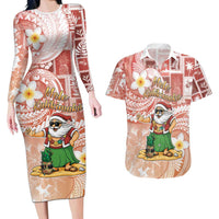 Hawaii Mele Kalikimaka Couples Matching Long Sleeve Bodycon Dress and Hawaiian Shirt Hula Santa Retro Style Red LT05 Red - Polynesian Pride