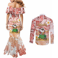 Hawaii Mele Kalikimaka Couples Matching Mermaid Dress and Long Sleeve Button Shirt Hula Santa Retro Style Red LT05 - Polynesian Pride