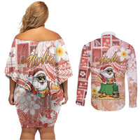 Hawaii Mele Kalikimaka Couples Matching Off Shoulder Short Dress and Long Sleeve Button Shirt Hula Santa Retro Style Red LT05 - Polynesian Pride