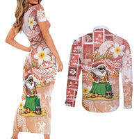 Hawaii Mele Kalikimaka Couples Matching Short Sleeve Bodycon Dress and Long Sleeve Button Shirt Hula Santa Retro Style Red LT05 - Polynesian Pride
