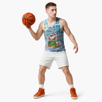Hawaii Mele Kalikimaka Basketball Jersey Hula Santa Retro Style Blue - Polynesian Pride