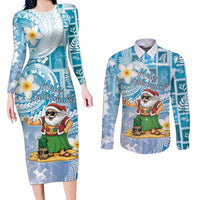 Hawaii Mele Kalikimaka Couples Matching Long Sleeve Bodycon Dress and Long Sleeve Button Shirt Hula Santa Retro Style Blue LT05 Blue - Polynesian Pride