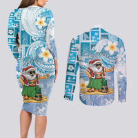 Hawaii Mele Kalikimaka Couples Matching Long Sleeve Bodycon Dress and Long Sleeve Button Shirt Hula Santa Retro Style Blue LT05 - Polynesian Pride