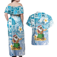 Hawaii Mele Kalikimaka Couples Matching Off Shoulder Maxi Dress and Hawaiian Shirt Hula Santa Retro Style Blue LT05 - Polynesian Pride