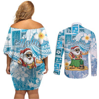 Hawaii Mele Kalikimaka Couples Matching Off Shoulder Short Dress and Long Sleeve Button Shirt Hula Santa Retro Style Blue LT05 - Polynesian Pride