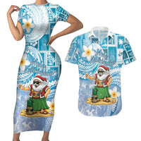 Hawaii Mele Kalikimaka Couples Matching Short Sleeve Bodycon Dress and Hawaiian Shirt Hula Santa Retro Style Blue LT05 Blue - Polynesian Pride
