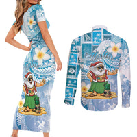 Hawaii Mele Kalikimaka Couples Matching Short Sleeve Bodycon Dress and Long Sleeve Button Shirt Hula Santa Retro Style Blue LT05 - Polynesian Pride