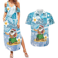 Hawaii Mele Kalikimaka Couples Matching Summer Maxi Dress and Hawaiian Shirt Hula Santa Retro Style Blue LT05 Blue - Polynesian Pride