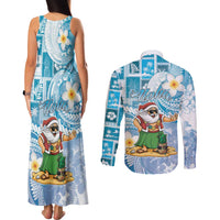 Hawaii Mele Kalikimaka Couples Matching Tank Maxi Dress and Long Sleeve Button Shirt Hula Santa Retro Style Blue LT05 - Polynesian Pride