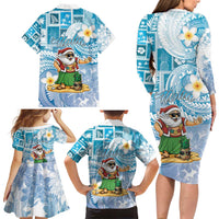 Hawaii Mele Kalikimaka Family Matching Long Sleeve Bodycon Dress and Hawaiian Shirt Hula Santa Retro Style Blue LT05 - Polynesian Pride