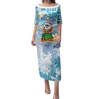 Hawaii Mele Kalikimaka Family Matching Puletasi and Hawaiian Shirt Hula Santa Retro Style Blue LT05 Mom's Dress Blue - Polynesian Pride