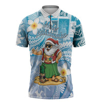 Hawaii Mele Kalikimaka Zipper Polo Shirt Hula Santa Retro Style Blue - Polynesian Pride