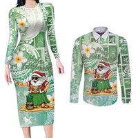 Hawaii Mele Kalikimaka Couples Matching Long Sleeve Bodycon Dress and Long Sleeve Button Shirt Hula Santa Retro Style Green LT05 Green - Polynesian Pride