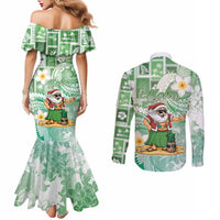 Hawaii Mele Kalikimaka Couples Matching Mermaid Dress and Long Sleeve Button Shirt Hula Santa Retro Style Green LT05 - Polynesian Pride
