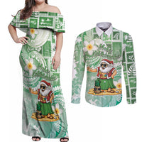 Hawaii Mele Kalikimaka Couples Matching Off Shoulder Maxi Dress and Long Sleeve Button Shirt Hula Santa Retro Style Green LT05 Green - Polynesian Pride