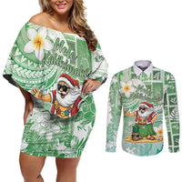 Hawaii Mele Kalikimaka Couples Matching Off Shoulder Short Dress and Long Sleeve Button Shirt Hula Santa Retro Style Green LT05 Green - Polynesian Pride