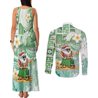 Hawaii Mele Kalikimaka Couples Matching Tank Maxi Dress and Long Sleeve Button Shirt Hula Santa Retro Style Green LT05 - Polynesian Pride