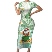 Hawaii Mele Kalikimaka Family Matching Short Sleeve Bodycon Dress and Hawaiian Shirt Hula Santa Retro Style Green LT05 Mom's Dress Green - Polynesian Pride