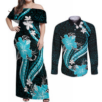 Aqua Polynesian Pattern With Tropical Flowers Couples Matching Off Shoulder Maxi Dress and Long Sleeve Button Shirt LT05 Aqua - Polynesian Pride