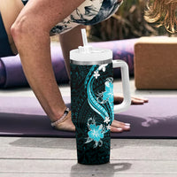 Aqua Polynesian Pattern With Tropical Flowers Tumbler With Handle