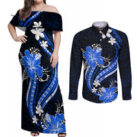 Blue Polynesian Pattern With Tropical Flowers Couples Matching Off Shoulder Maxi Dress and Long Sleeve Button Shirt LT05 Blue - Polynesian Pride