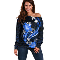 Blue Polynesian Pattern With Tropical Flowers Off Shoulder Sweater LT05 Women Blue - Polynesian Pride
