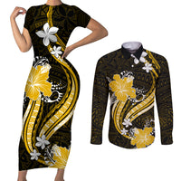 Gold Polynesian Pattern With Tropical Flowers Couples Matching Short Sleeve Bodycon Dress and Long Sleeve Button Shirt LT05 Gold - Polynesian Pride