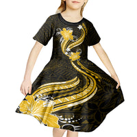 Gold Polynesian Pattern With Tropical Flowers Kid Short Sleeve Dress LT05 - Polynesian Pride