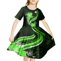 Green Polynesian Pattern With Tropical Flowers Kid Short Sleeve Dress LT05 - Polynesian Pride