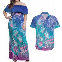 Polynesia Sea Turtle Couple Couples Matching Off Shoulder Maxi Dress and Hawaiian Shirt Love Is Life LT05 Blue - Polynesian Pride