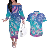 Polynesia Sea Turtle Couple Couples Matching Off The Shoulder Long Sleeve Dress and Hawaiian Shirt Love Is Life LT05 Blue - Polynesian Pride