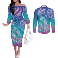 Polynesia Sea Turtle Couple Couples Matching Off The Shoulder Long Sleeve Dress and Long Sleeve Button Shirt Love Is Life LT05 Blue - Polynesian Pride