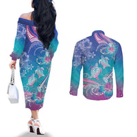 Polynesia Sea Turtle Couple Couples Matching Off The Shoulder Long Sleeve Dress and Long Sleeve Button Shirt Love Is Life LT05 - Polynesian Pride
