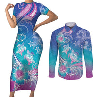 Polynesia Sea Turtle Couple Couples Matching Short Sleeve Bodycon Dress and Long Sleeve Button Shirt Love Is Life LT05 Blue - Polynesian Pride