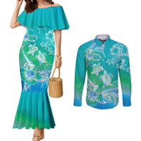 Polynesia Sea Turtle Couple Couples Matching Mermaid Dress and Long Sleeve Button Shirt I Am Turtley In Love With You LT05 Turquoise - Polynesian Pride