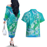 Polynesia Sea Turtle Couple Couples Matching Off The Shoulder Long Sleeve Dress and Hawaiian Shirt I Am Turtley In Love With You LT05 - Polynesian Pride