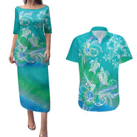 Polynesia Sea Turtle Couple Couples Matching Puletasi and Hawaiian Shirt I Am Turtley In Love With You LT05 Turquoise - Polynesian Pride