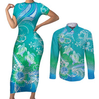 Polynesia Sea Turtle Couple Couples Matching Short Sleeve Bodycon Dress and Long Sleeve Button Shirt I Am Turtley In Love With You LT05 Turquoise - Polynesian Pride