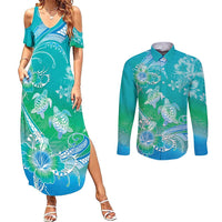 Polynesia Sea Turtle Couple Couples Matching Summer Maxi Dress and Long Sleeve Button Shirt I Am Turtley In Love With You LT05 Turquoise - Polynesian Pride