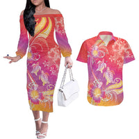 Polynesia Sea Turtle Couple Couples Matching Off The Shoulder Long Sleeve Dress and Hawaiian Shirt One Soul One Love LT05 Red - Polynesian Pride