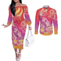 Polynesia Sea Turtle Couple Couples Matching Off The Shoulder Long Sleeve Dress and Long Sleeve Button Shirt One Soul One Love LT05 Red - Polynesian Pride
