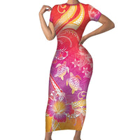 Polynesia Sea Turtle Couple Family Matching Short Sleeve Bodycon Dress and Hawaiian Shirt One Soul One Love LT05 Mom's Dress Red - Polynesian Pride